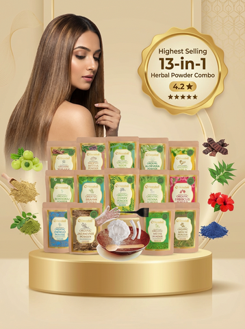Hennahub Amla, Reetha, Shikakai, Bhringraj Hibiscus, Methi, Henna, Indigo, Neem, Brahmi, Curry Leaves, Jatamansi, Aloevera Powder with IRON BOWL (Combo pack of 13) | Double Filtered 1300g