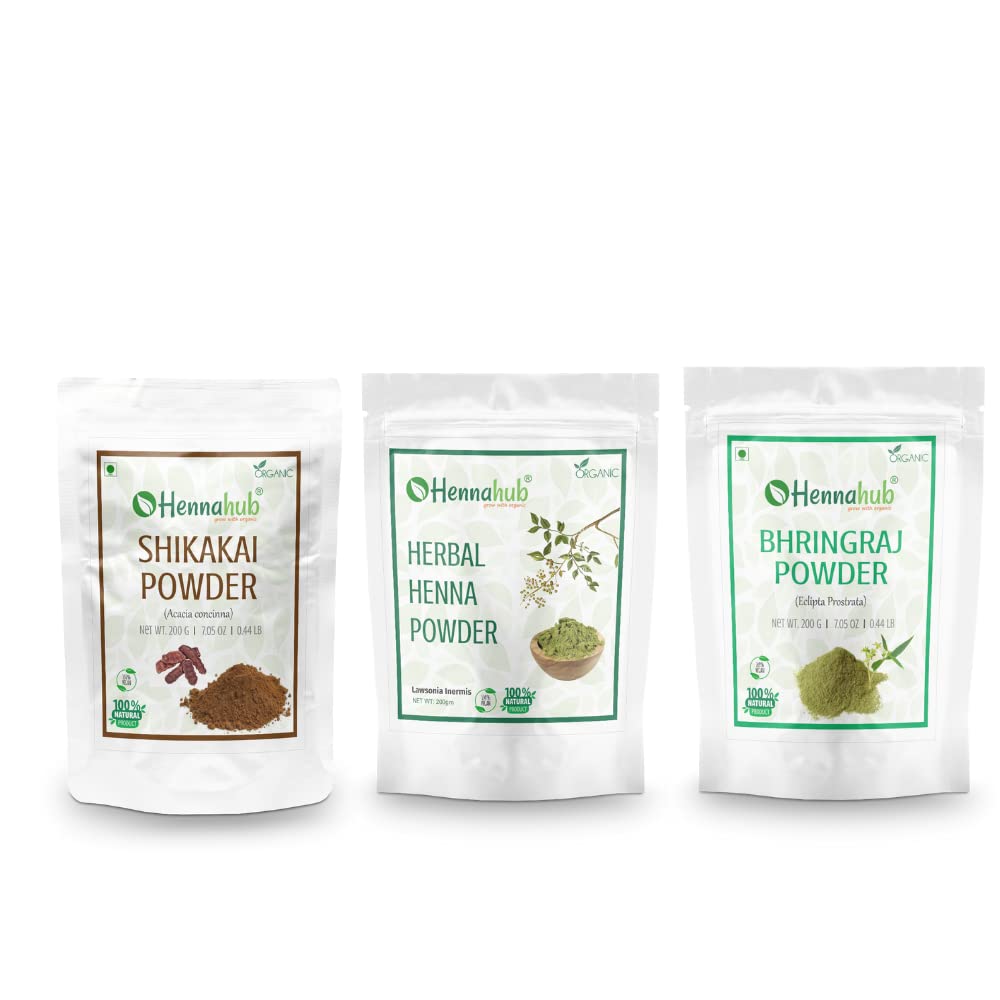 HENNAHUB Shikakai, Herbal Henna and Bhringraj powder 200g x 3 pack | Organic Hair care Combo Pack | Total 600 gm