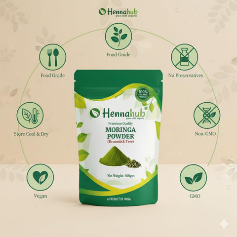 Hennahub Moringa Powder (Food Grade) 100gm Pack | 100% Pure Moringa Oleifera Leaf Powder | Natural Green Superfood for Smoothies, Juices & Cooking