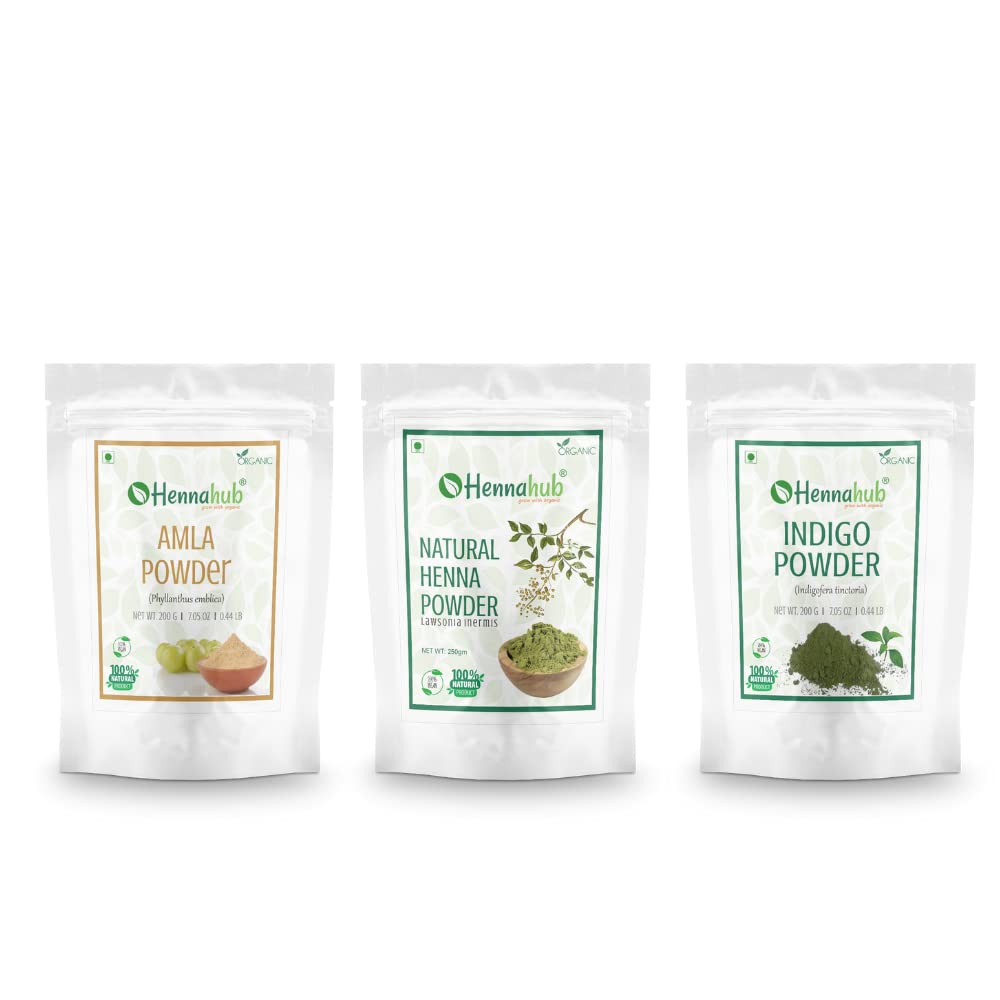 HENNAHUB Amla, Henna and Indigo powder 200g x 3 pack | Organic Hair care Combo Pack | Total 600 gm
