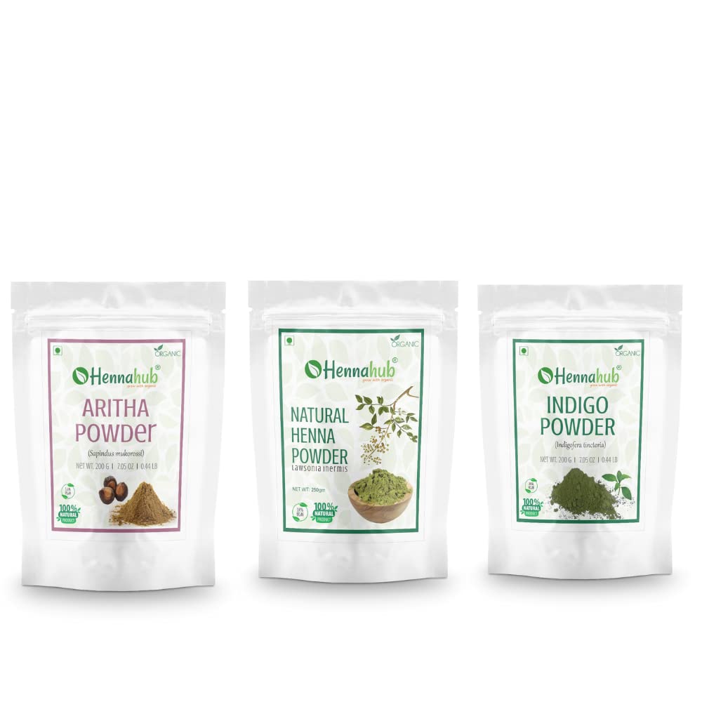 HENNAHUB Aritha, Henna and Indigo powder 200g x 3 pack | Organic Hair care Combo Pack | Total 600 gm