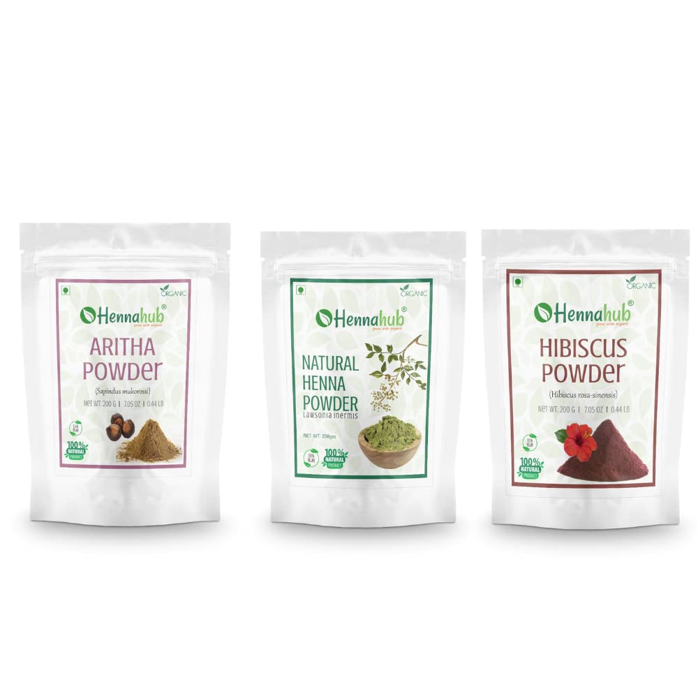 HENNAHUB Reetha, Henna and Hibiscus powder 200g x 3 pack | Organic Hair care Combo Pack | Total 600 gm