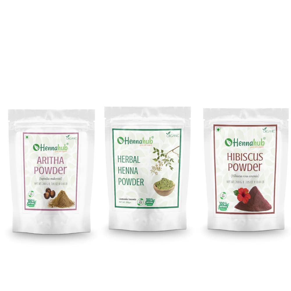 HENNAHUB Reetha, Herbal Henna and Hibiscus powder 200g x 3 pack | Organic Hair care Combo Pack | Total 600 gm