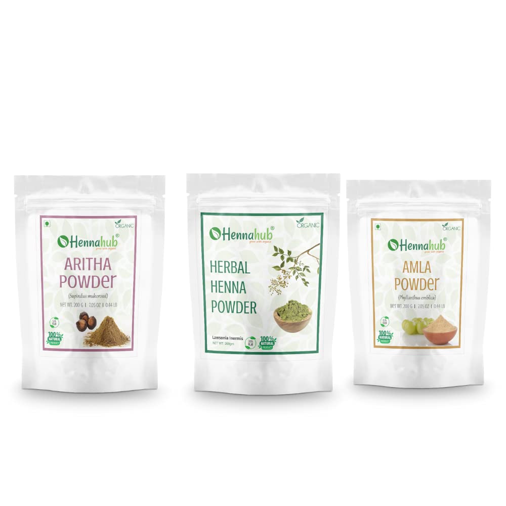 HENNAHUB Reetha, Herbal Henna and Amla powder 200g x 3 pack | Organic Hair care Combo Pack | Total 600 gm