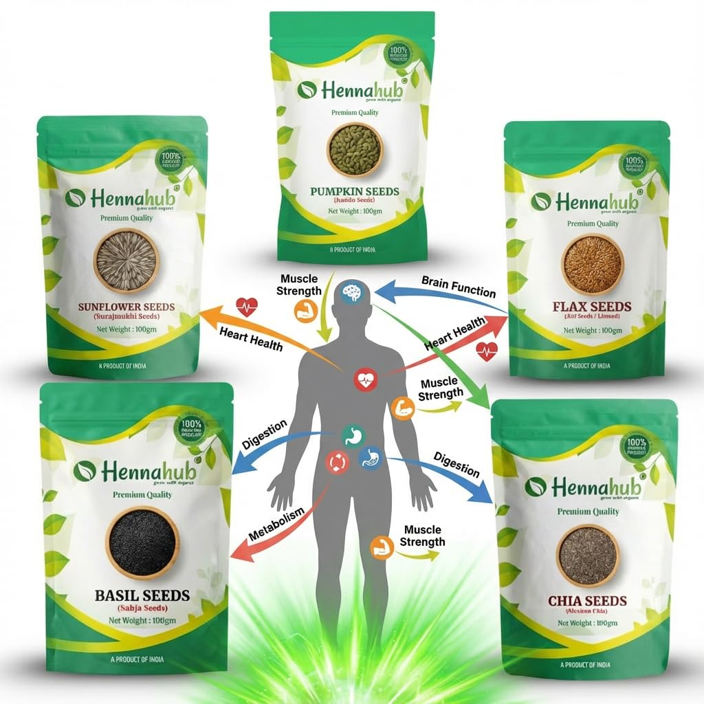 Hennahub 5-in-1 Super Seeds Power Combo | Pumpkin, Sunflower, Flax, Chia & Basil Seeds | Pack of 5 x 100g | Omega-Rich, High Protein, Fibre Loaded Superfood Mix for Healthy Breakfast & Snacking