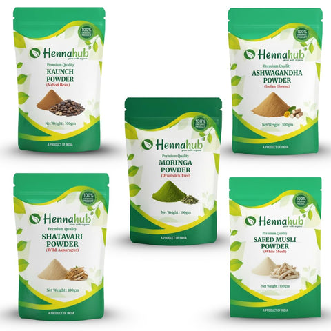 Hennahub Advanced Men’s Performance Combo | Ashwagandha, Safed Musli, Shatavari, Kaunch Beej & Moringa Powder | Pack of 5 x 100g | Strength, Energy, Vitality & Daily Nutrition | Ayurvedic Wellness Boost
