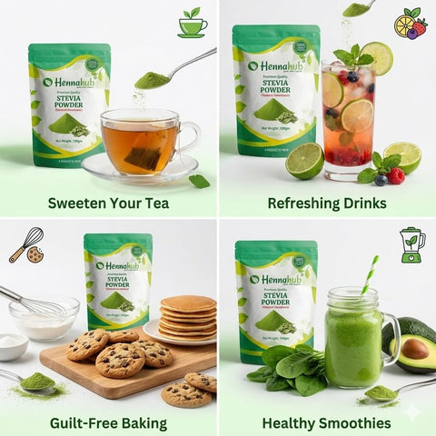 Hennahub Stevia Powder 100gm (Food Grade) | Pure Stevia Rebaudiana Leaf Powder | Meethi Patti / Sweet Leaf / Herbal Natural Sweetener | Zero-Calorie Plant-Based Sugar Substitute