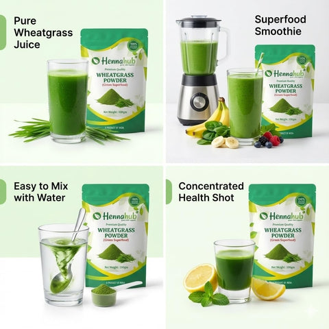 Hennahub Wheatgrass Powder 100gm (Food Grade) | Triticum aestivum / Gehun Ka Jawan Patta / Young Wheat Leaf Powder | Natural Green Superfood for Smoothies, Juices & Detox Drinks