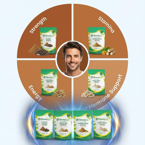 Hennahub Men’s Performance & Vitality Combo | Ashwagandha, Safed Musli, Shatavari & Kaunch Beej Powder | Pack of 4 x 100g | Strength, Stamina, Energy & Wellness Support | 100% Ayurvedic