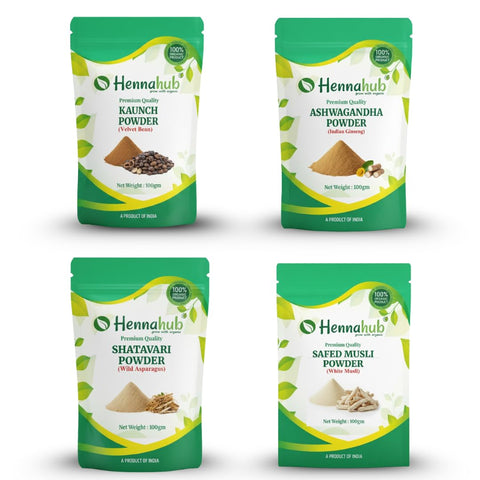 Hennahub Men’s Performance & Vitality Combo | Ashwagandha, Safed Musli, Shatavari & Kaunch Beej Powder | Pack of 4 x 100g | Strength, Stamina, Energy & Wellness Support | 100% Ayurvedic