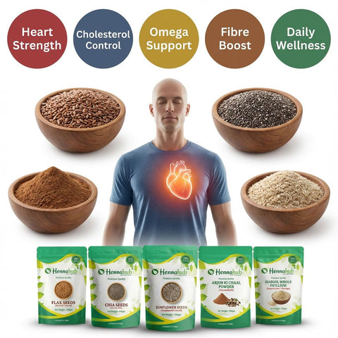 Hennahub Cardio Wellness Seeds & Herb Combo | Arjun ki Chaal Powder, Flax, Chia, Sunflower Seeds & Isabgol Husk | Pack of 5 | Each 100gm | Heart Health, Cholesterol Balance, Fibre & Omega Support