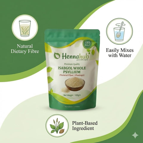 Hennahub Isabgol Bhusi 100gm (Food Grade) | Whole Psyllium Husk / Ispaghula / Plantago ovata Husk | Natural Dietary Fibre for Smoothies, Shakes & Daily Wellness Drinks