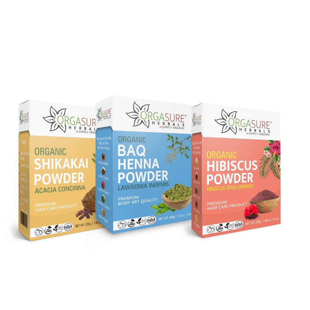 ORGASURE Shikakai, BAQ Henna and Hibiscus powder 200g x 3 pack | Organic Hair care Combo Pack | Total 600 gm