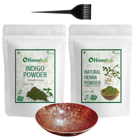HENNAHUB Natural Organic Henna Powder 1 kg And Organic Indigo Powder 1 kg with Free Iron Ball ,Hair Dye Brush, Gloves and Shower Cap, No PPD, No Chemical