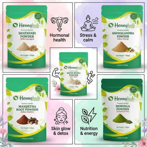 Hennahub Women’s Complete Wellness Combo | Shatavari, Ashwagandha, Safed Musli, Moringa & Manjistha Powder | Pack of 5 x 100g | Hormonal Balance, Energy, Skin Glow & Daily Nutrition | Ayurvedic Women Care