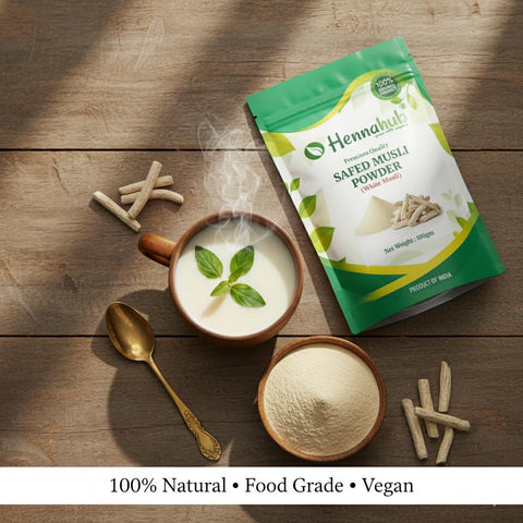 Hennahub Safed Musli Powder (Food Grade) 100gm Pack | 100% Pure Chlorophytum borivilianum Root Powder | Natural Plant-Based Ingredient for Smoothies, Milk & Herbal Drinks