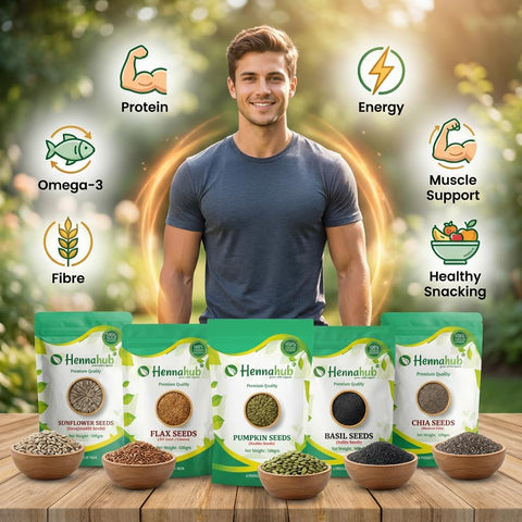 Hennahub 5-in-1 Super Seeds Power Combo | Pumpkin, Sunflower, Flax, Chia & Basil Seeds | Pack of 5 x 100g | Omega-Rich, High Protein, Fibre Loaded Superfood Mix for Healthy Breakfast & Snacking
